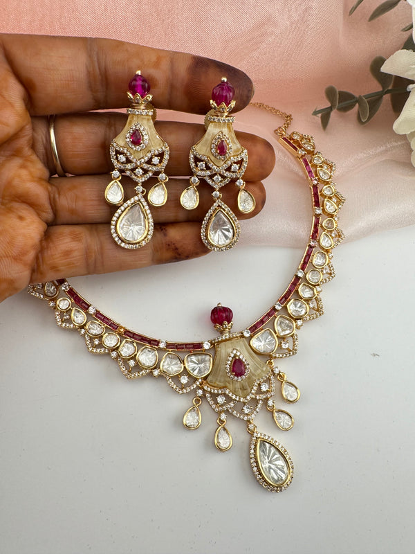 Kundan, Moissanite, MOP, CZ Flexible Gold necklace set, Indian Bridal Jewelry