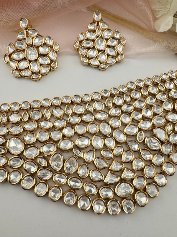 Kundan, Moissanite, CZFlexible Gold Bridal necklace set, Indian Bridal Jewelry