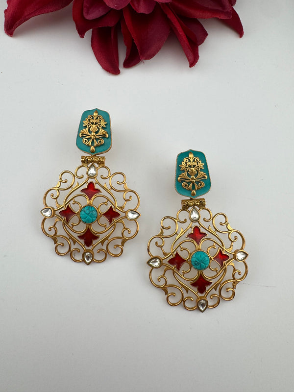 Antique Gold, Enamel, Stones Chandbali Dangle Earrings, Amrapali inspired Designer jewelry