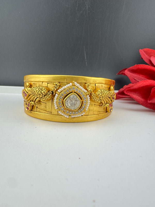 Moissanite Kundan, CZ, pearl Peacock Cuff Bracelet Bangle, Gold Polish Bangle (Fits 2.6" Diameter)