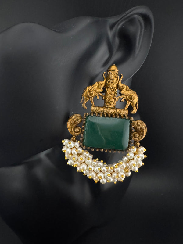 Amrapali inspired Matt Gold, Stone, pearls, Chandbali Earrings, designer jewelry