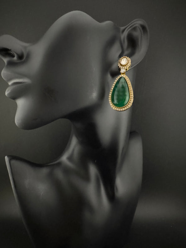 Green and Gold Kundan, Stone Chandelier Drop Earrings, Bridal, Moissanite, CZ, Designer jewelry