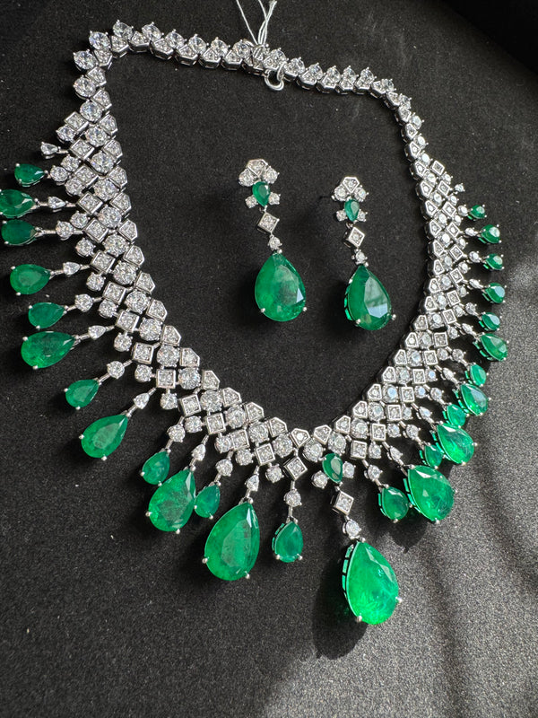 Green Doublet stone, Crystals and CZ Diamond all over Necklace Set, White Gold Plated