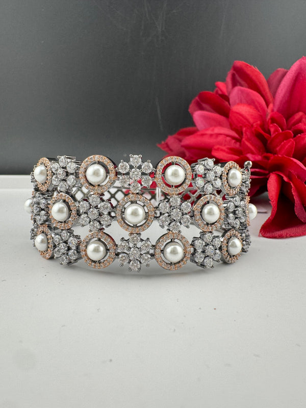 Openable Designer bracelet with Pearls, crystal stones, CZ Nano setting, Fits size upto 2.6"