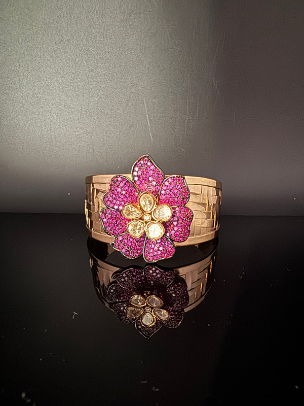 Moissanite Kundan, CZ Nano Setting Cuff Bracelet Bangle, Gold Polish Bangle (Fits 2.6" Diameter)