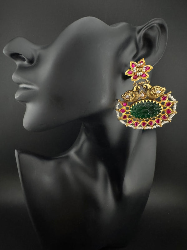 Gold and Green Carved stone, pacchi Kundan, Pearls Chandelier Chandbali Earrings, Bridal Designer jewelry