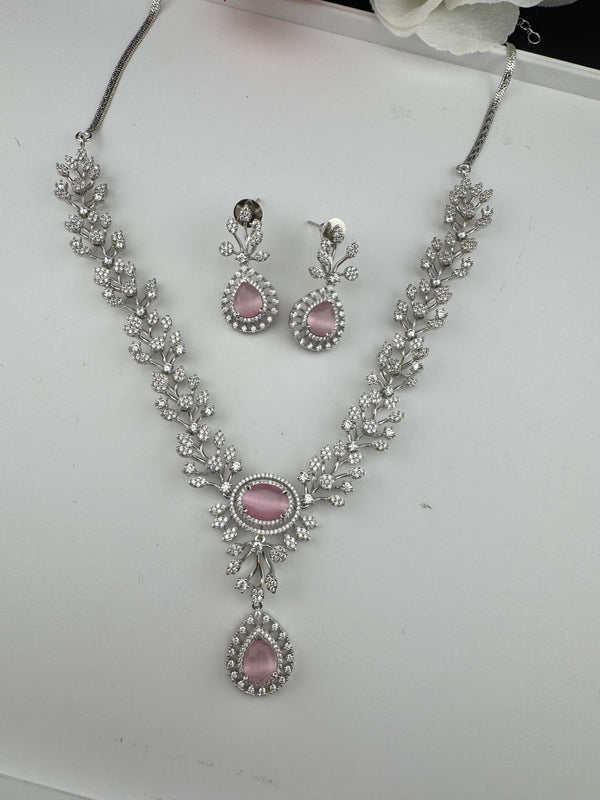 Crystal, Nano Setting CZ Diamond Statement Necklace Set, White Gold Plated Choker, nature inspired