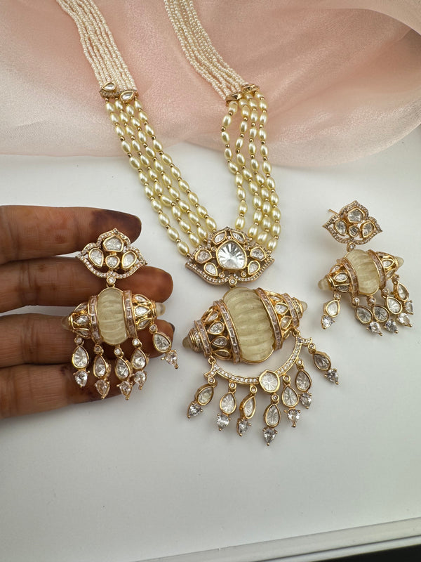 Kundan, Moissanite, MOP, CZ, Pearls Long Gold Choker necklace set, Indian Rani haar
