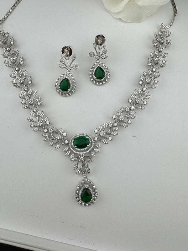 Crystal, Nano Setting CZ Diamond Statement Necklace Set, White Gold Plated Choker, nature inspired