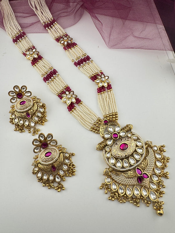 Rajwadi Kundan Enamel Pearls Long Gold Necklace Set, Indian Bridal Rani Haar