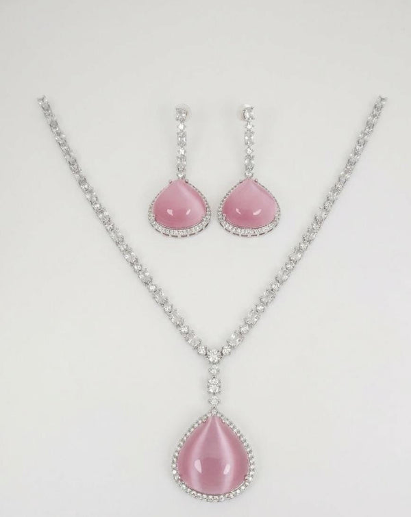 Stone and CZ Diamond Pendant Necklace Set, White Gold Plated set