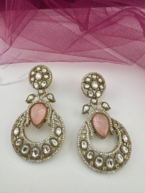 Gold with Doublet stone, kundan, cubic zirconia chandbali Drop Long earrings, Indian Jewelry