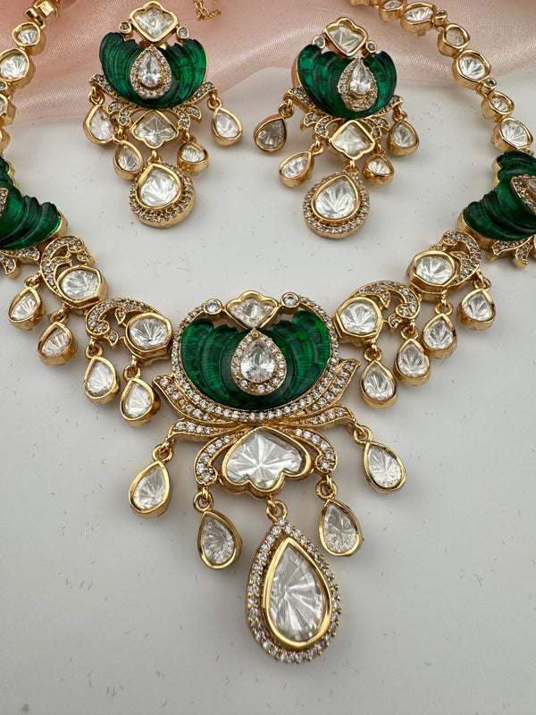 Kundan, Moissanite, MOP, CZ Flexible Gold necklace set, Indian Bridal Jewelry