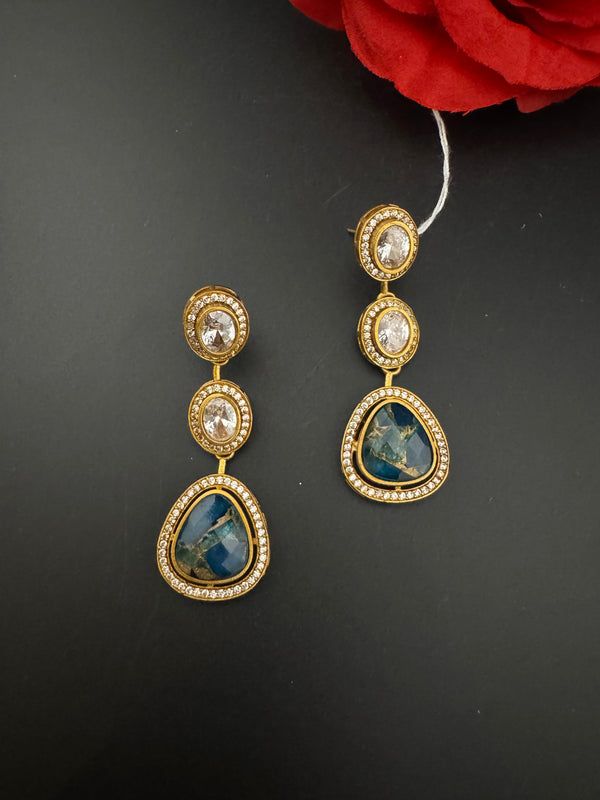 Kundan, CZ, Gold, Marble Stone Long Earrings, Bridal, Moissanite, CZ, Designer jewelry