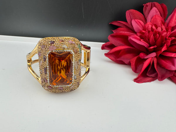 Turkish Jewelry, Crystal, CZ, Stones Oversized Cuff Bracelet Bangle, Gold Polish (Fits 2.6" Diameter)