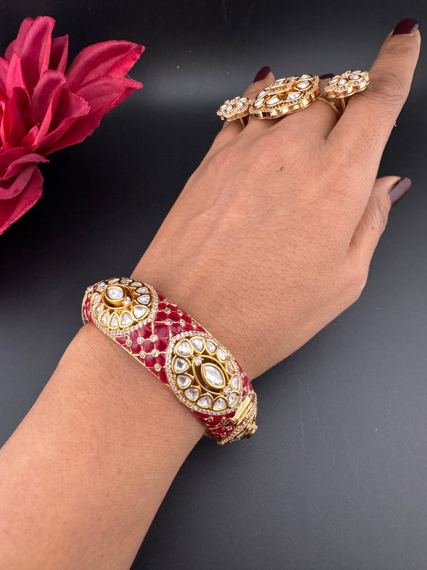 Pchhi Kundan, Moissanite Kundan, CZ Openable Broad Bracelet Bangle, Gold Polish (Fits 2.6" wrists) (Copy)