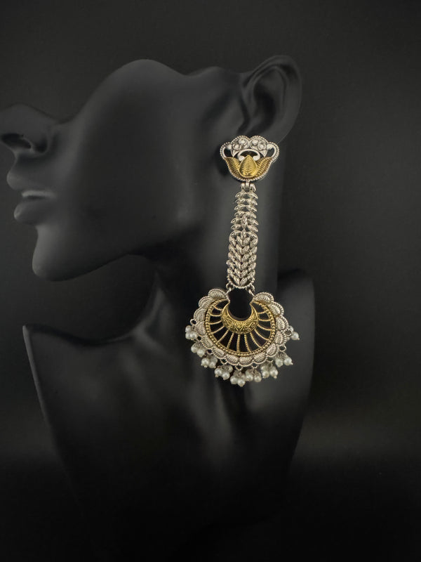 Oxidized Silver and Gold ChandBali Very long Earrings, designer jewelry
