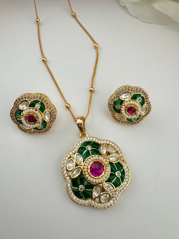 Kundan, Pachi, CZ, Stone Pendant Necklace Set with Matching Earrings, Brass CZ Jewelry