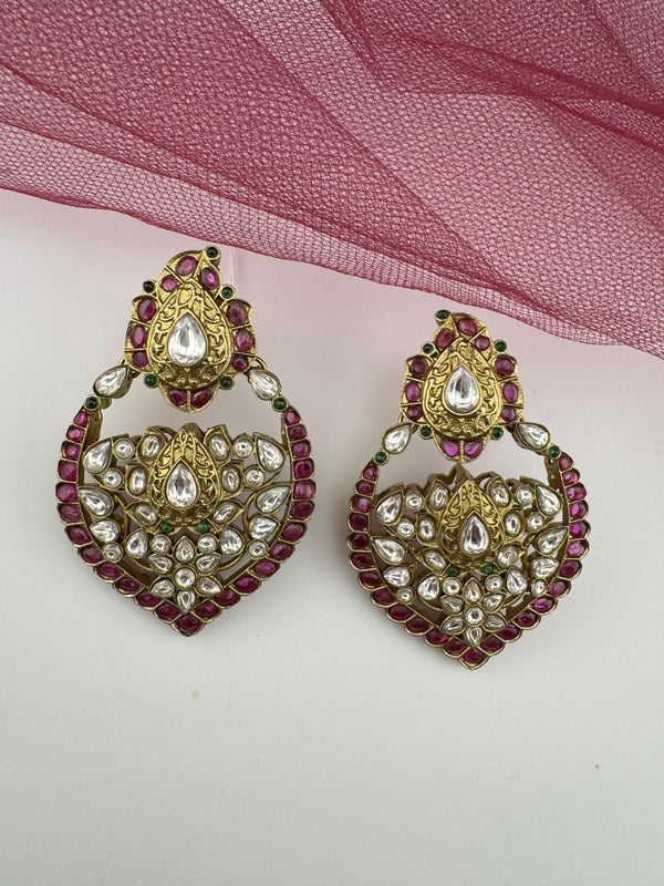Amrapali inspired, Matt Gold with uncut kundan and CZ chandbali earrings