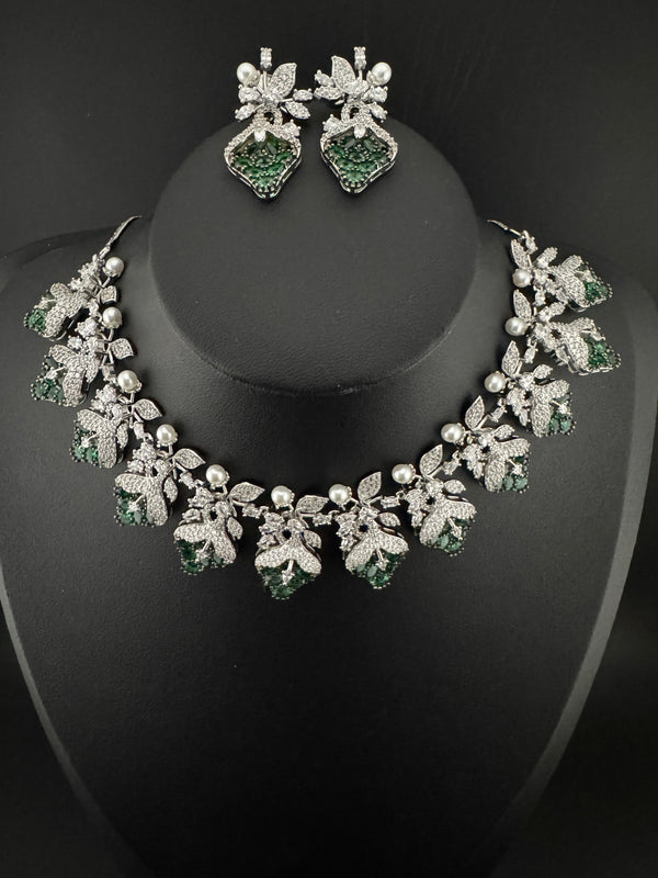 CZ Diamond Statement sleek Necklace Set, White Gold Plated Choker, 3D nature inspired