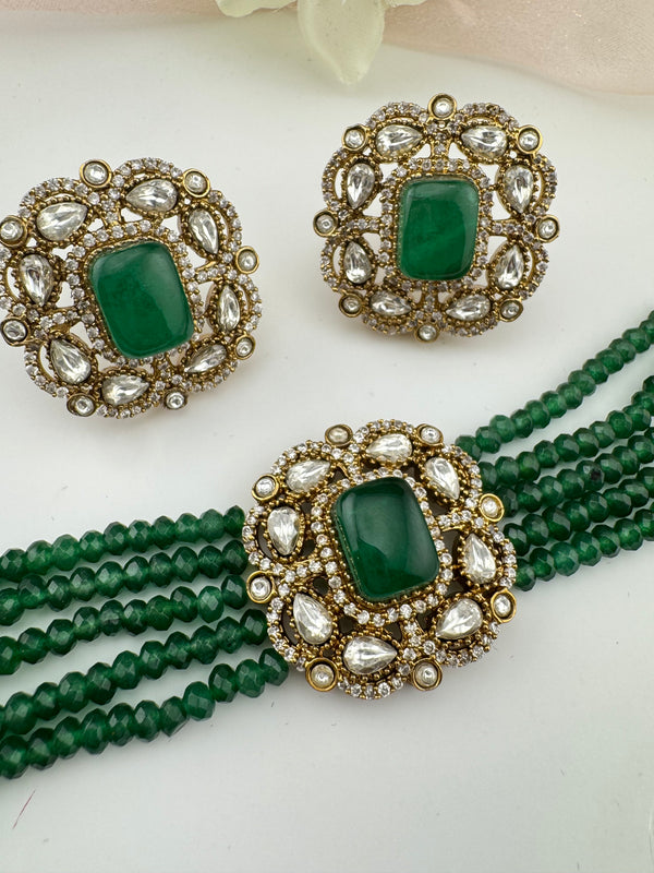 Moissanite Kundan, Hydro beads, CZ, Stones Choker necklace set, Indian Bridal Jewelry, chic set