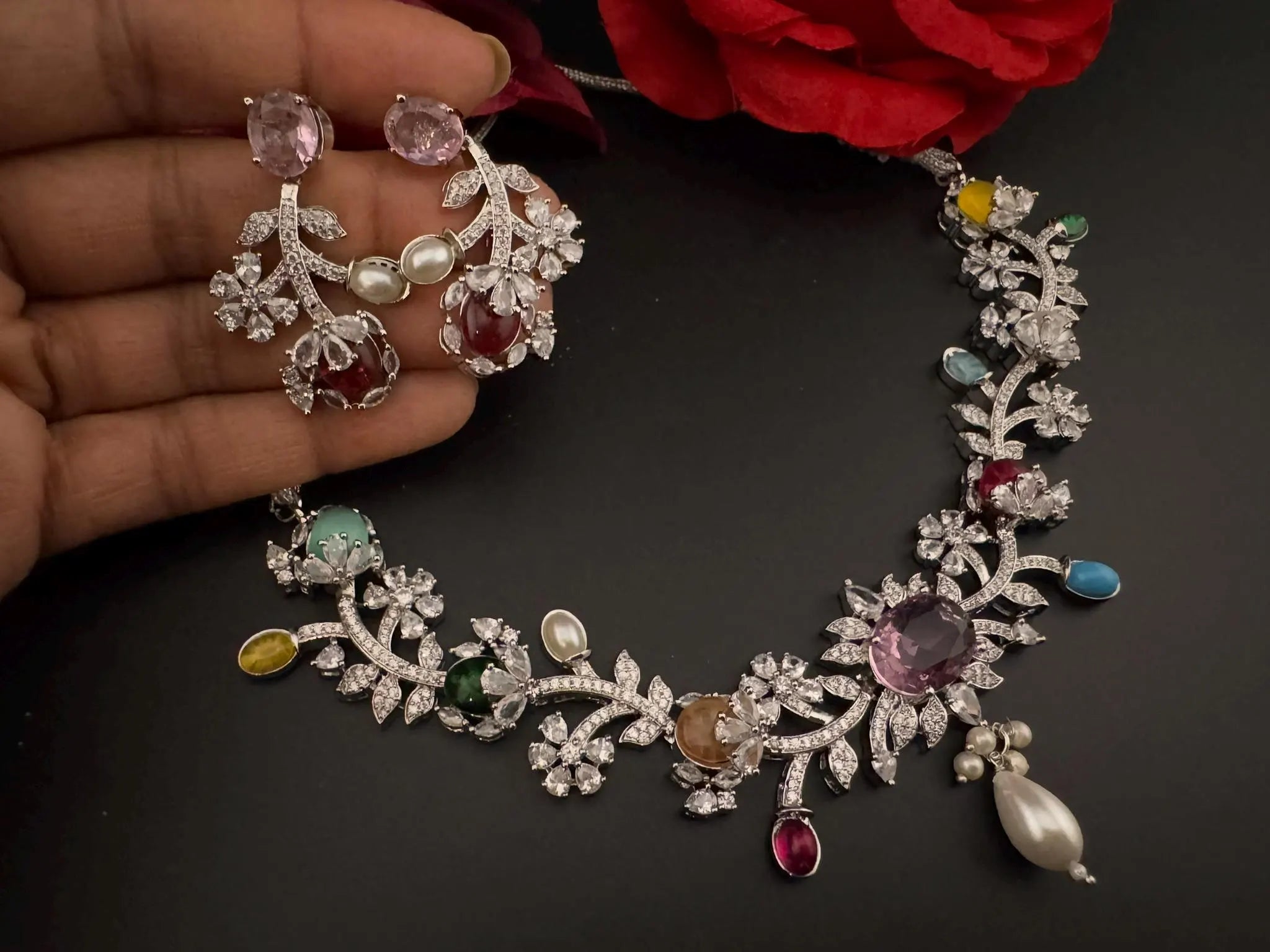 Pink Premium American Diamond, Cubic Zirconia, stones and Pearls Floral Necklace with earrings