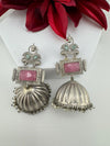 Oversized Oxidized German Silver Premium Jhumka earrings with Pink Monalisa stone
