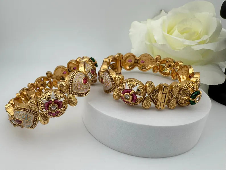 Matt Gold, Enamel, Kundan kada is Amrapali inspired Designer Openable bangle set of 2