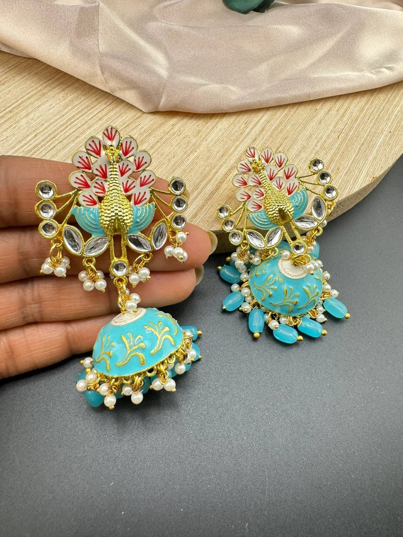Peacock Jhumka Earrings with Kundan, Minakari, CZ and pearls in Gold Polish