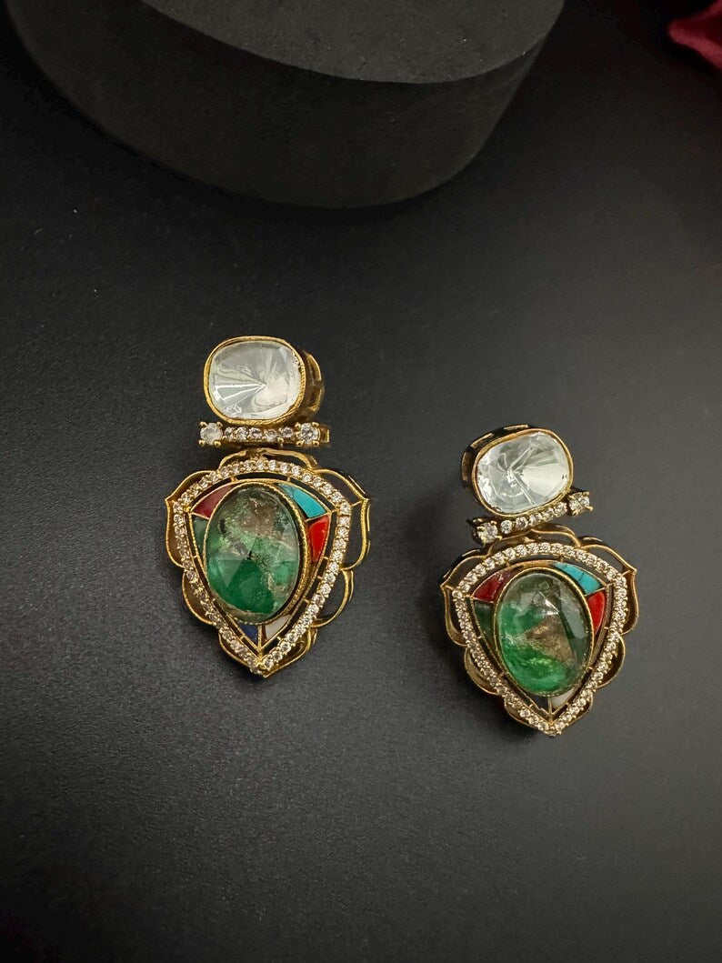 Premium designer stud earrings, with Uncut Kundan, CZ and Doublet Marble stone