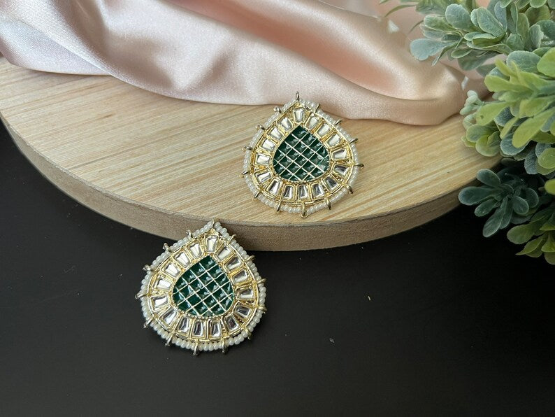 Green Gold Minakari Pearls and kundan Studs earrings