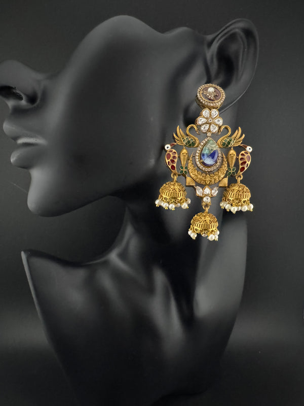 Amrapali inspired Matt Gold, Stone, Enamel, Pearl Oversized ChandBali Jhumka Earrings, designer jewelry