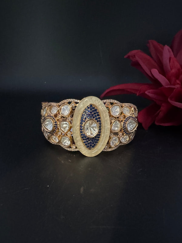Moissanite Kundan, MOP, CZ Adjustable Bracelet Bangle, Gold Polish Designer Bangle