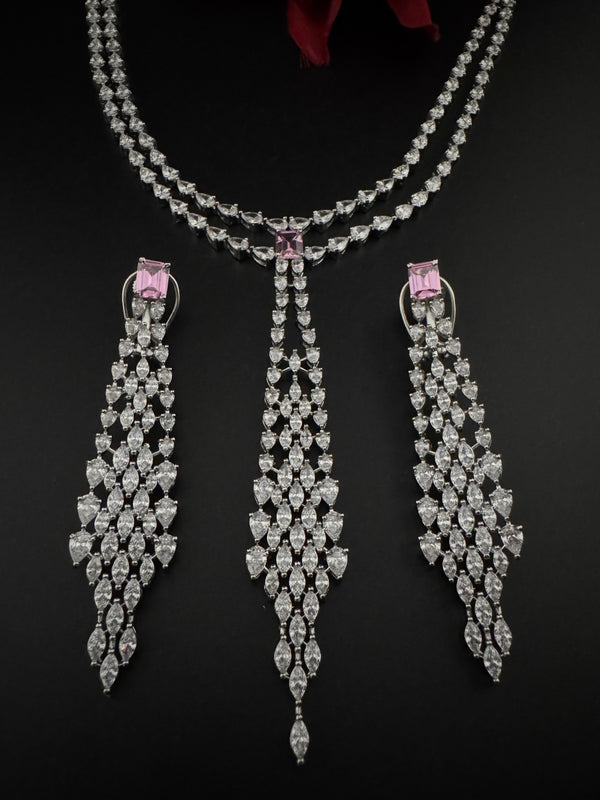 Crystals and CZ Diamond Statement double Layered Necklace Set, White Gold Plated Choker set