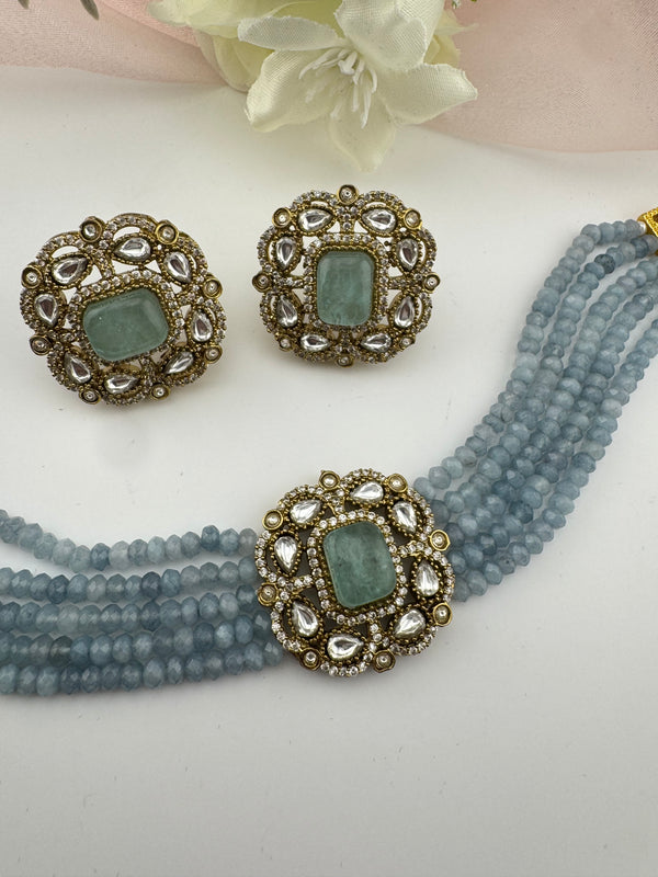 Moissanite Kundan, Hydro beads, CZ, Stones Choker necklace set, Indian Bridal Jewelry, chic set