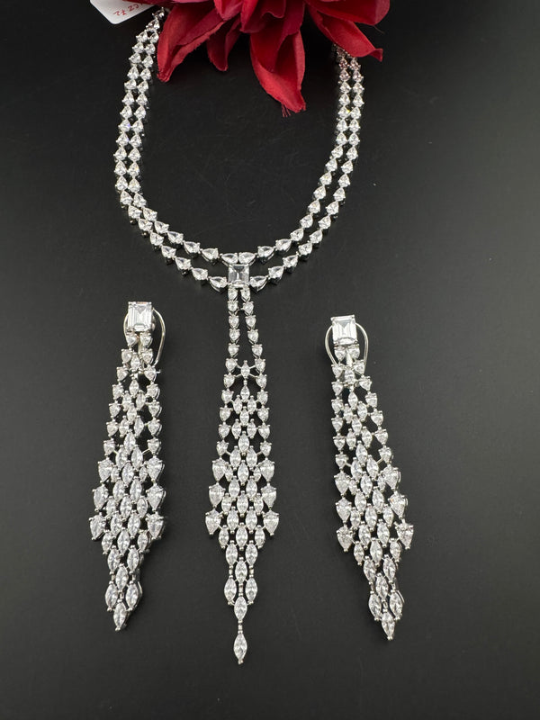 Crystals and CZ Diamond Statement double Layered Necklace Set, White Gold Plated Choker set