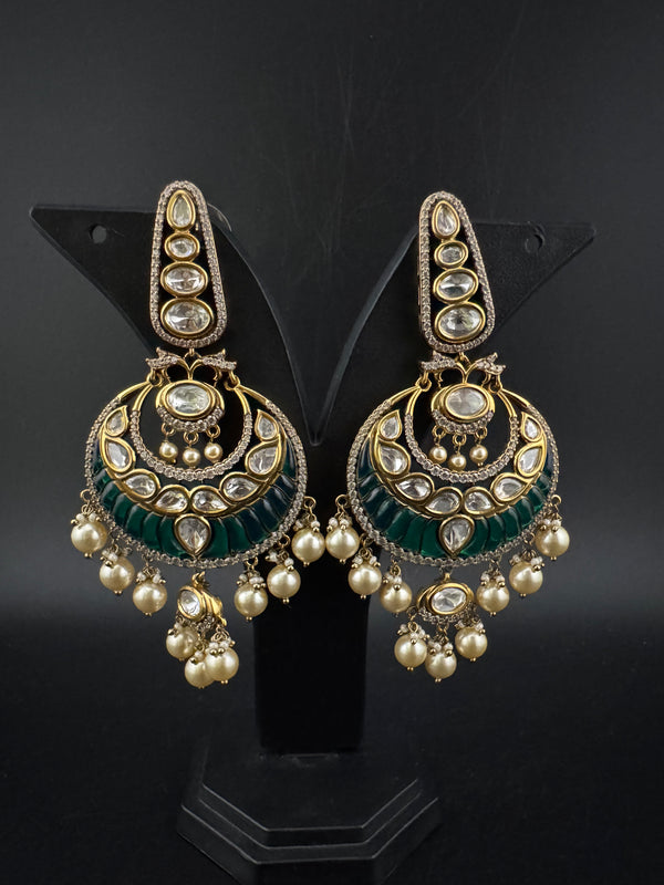 Green and Gold, pacchi Kundan, Pearls Chandelier Long Earrings, Bridal, Moissanite, CZ, Designer jewelry
