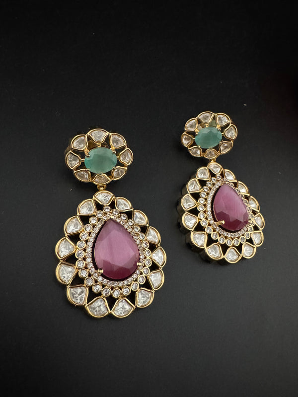 Pink and Green Kundan, CZ, Chandbali Earrings, High shine, Bridal, Moissanite, Tyaani inspired Designer jewelry