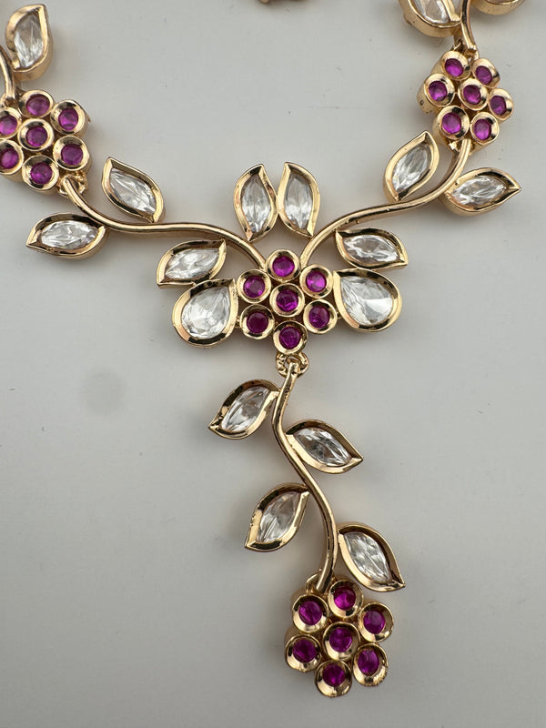 Kundan, Moissanite, stone Sleek Gold flower long necklace set, Indian Bridal Jewelry