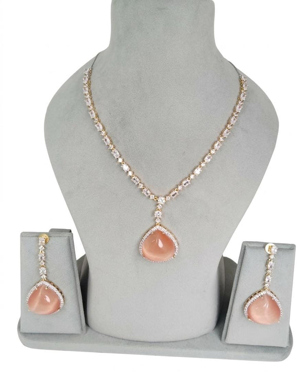 Stone and CZ Diamond Pendant Necklace Set, White Gold Plated set