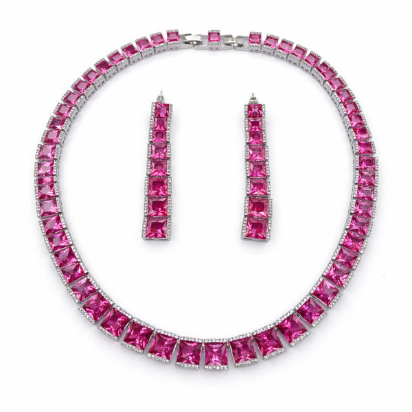 Swarovski Ruby Crystals and CZ Diamond All over Statement Necklace Set, White Gold Plated set