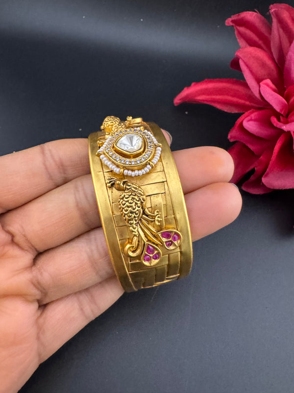 Moissanite Kundan, CZ, pearl Peacock Cuff Bracelet Bangle, Gold Polish Bangle (Fits 2.6" Diameter)