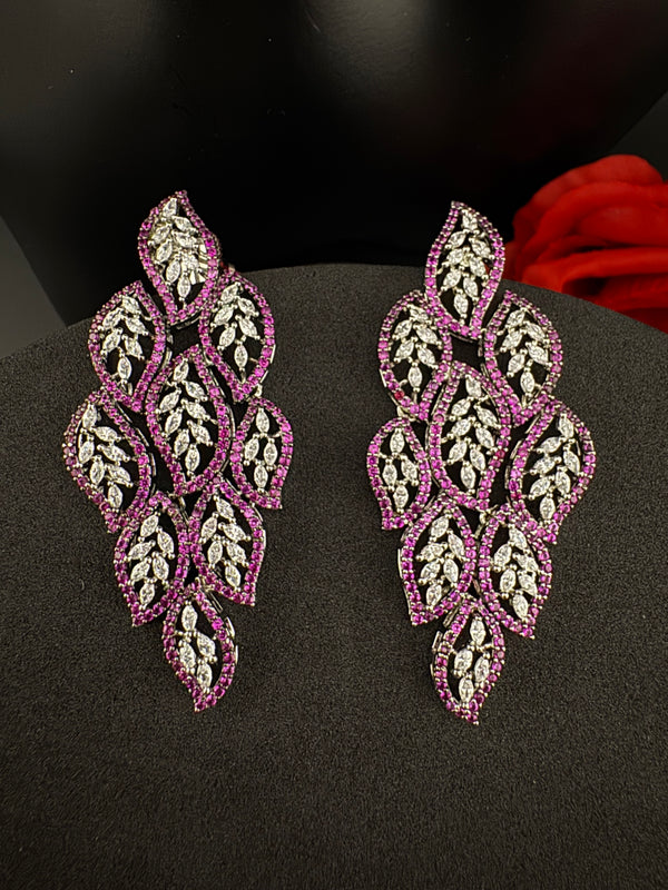 Premium Nano Setting Cubic Zirconia Long Chandelier earrings in leaf shape, stylish, designer Statement long earring/Bridal Bridesmaid