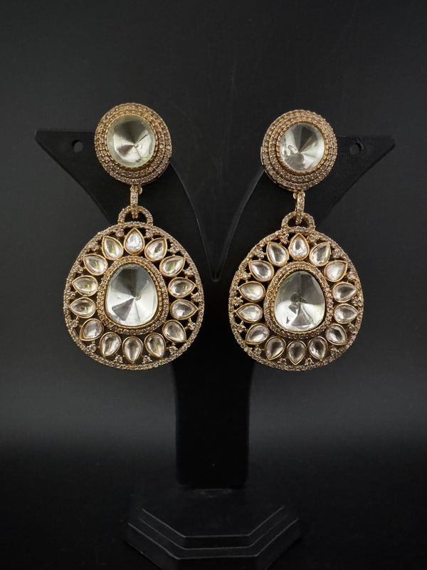 Golden Kundan, CZ, Chandbali Earrings, High shine, Bridal, Moissanite, Designer jewelry