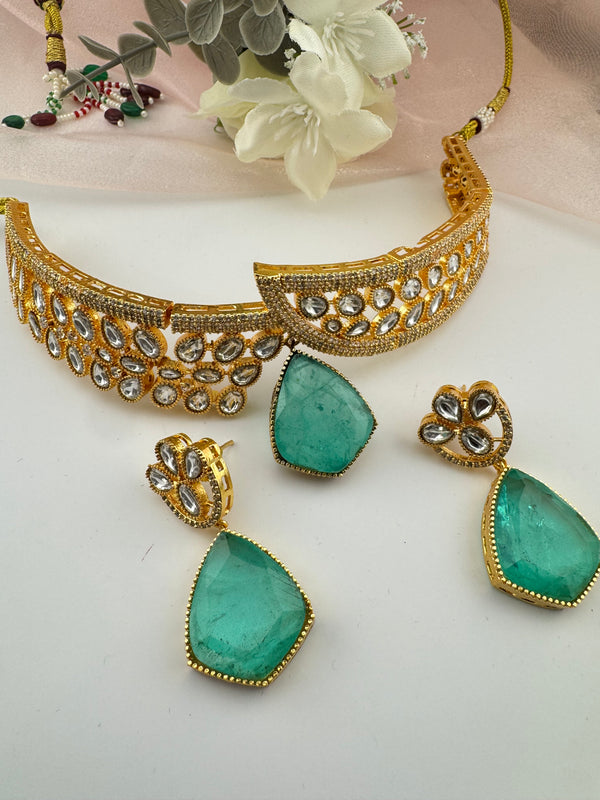 Kundan, CZ, Doublet Stone choker necklace set, Indian Bridal Jewelry set