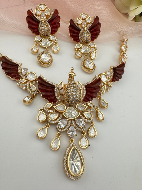 Kundan, Moissanite, Red MOP, CZ Flexible Peacock Gold necklace set, Indian Bridal Jewelry