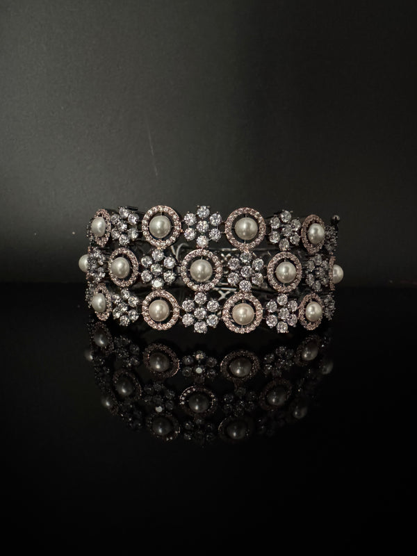 Openable Designer bracelet with Pearls, crystal stones, CZ Nano setting, Fits size upto 2.6"