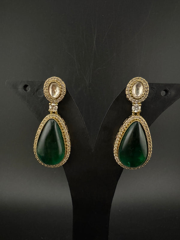 Green and Gold Kundan, Stone Chandelier Drop Earrings, Bridal, Moissanite, CZ, Designer jewelry