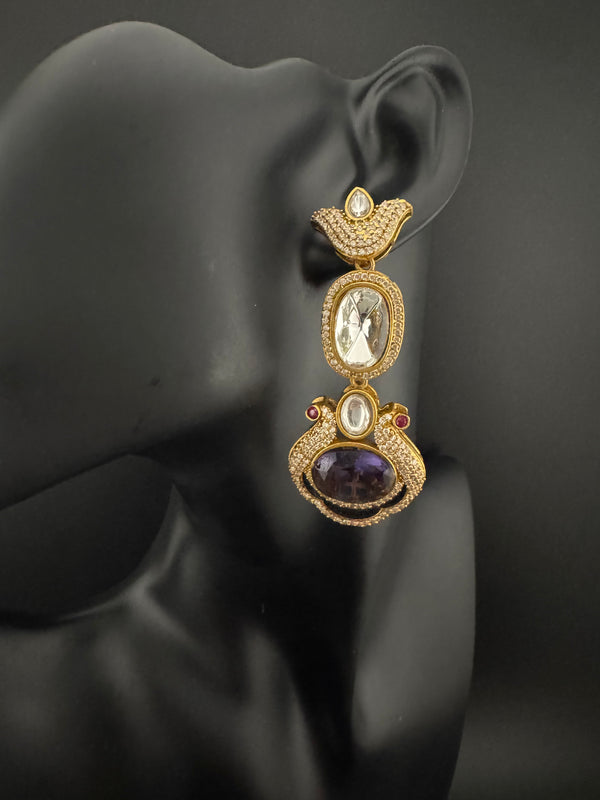 Kundan, CZ, Gold, Doublet Stone Chandelier Long Earrings, Bridal, Moissanite, CZ, Designer jewelry
