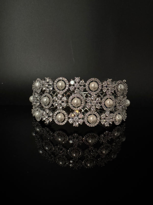 Openable Designer bracelet with Pearls, crystal stones, CZ Nano setting, Fits size upto 2.6"